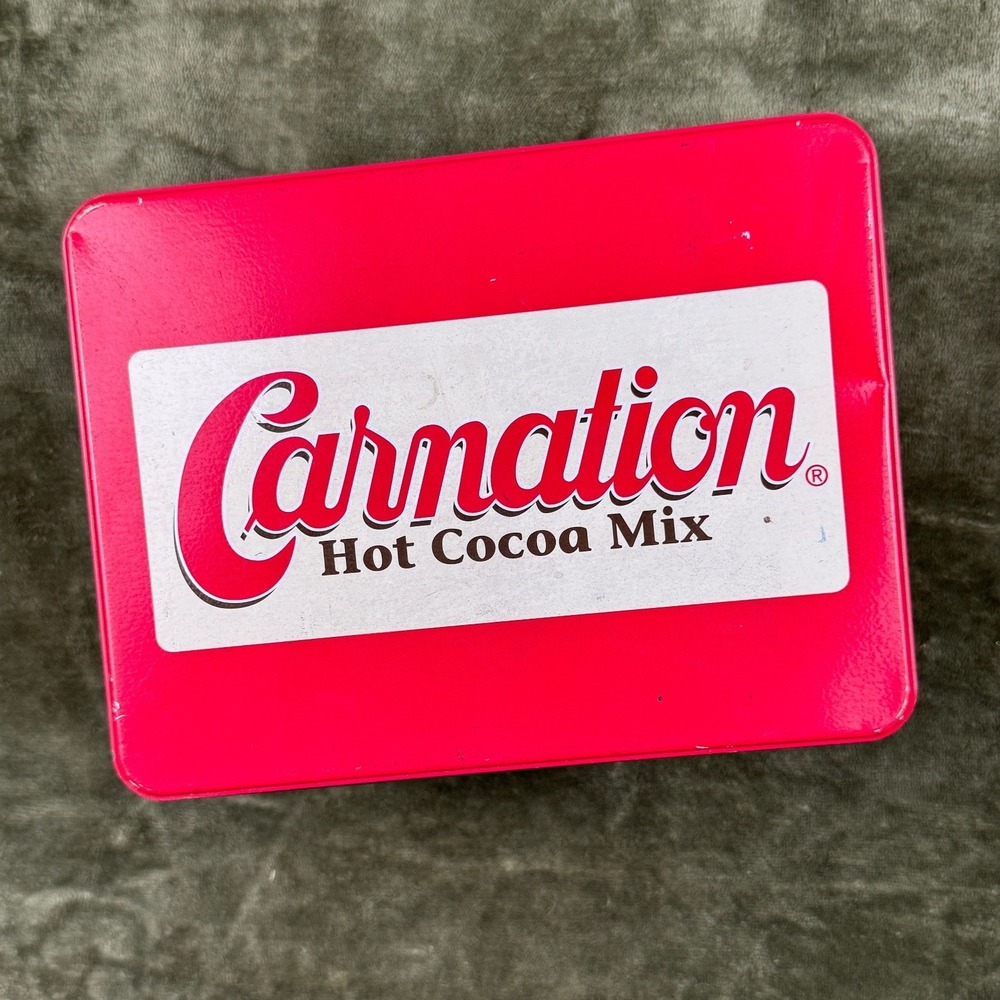 Vintage‎ Carnation Hot Cocoa Mix Tin Green Red Winter Scenes Christmas Decor 8in
